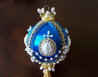 Vintage Blue Satin Ornament with White Pearls and Gold Tassel, 1970s Christmas Décor