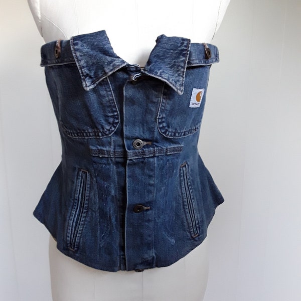 Custome Denim Corset Top Made from Carhartt Jean Jacket, Lace Up Strapless Bustier, Overbust Waist Trainer
