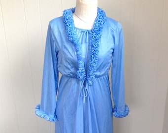 Vintage Long Night Gown & Robe Set, 70s Sheer Blue Lingerie Set, Ruffled Robe Peignoir, Made in USA Size Medium