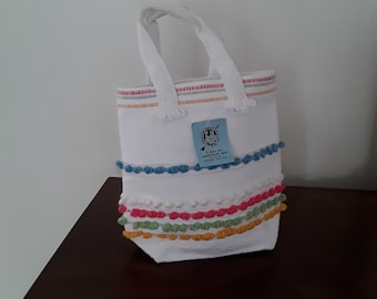 Handwoven Cotton Top Handle Tote, Arrowcraft Shop White Bag With Multi Colored Stripes, Tennessee Moutain Crafts, NOS Bucket Bag