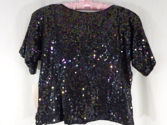 NOS Sequin Top, Black Short Sleeve Silk and Sequi… - image 3