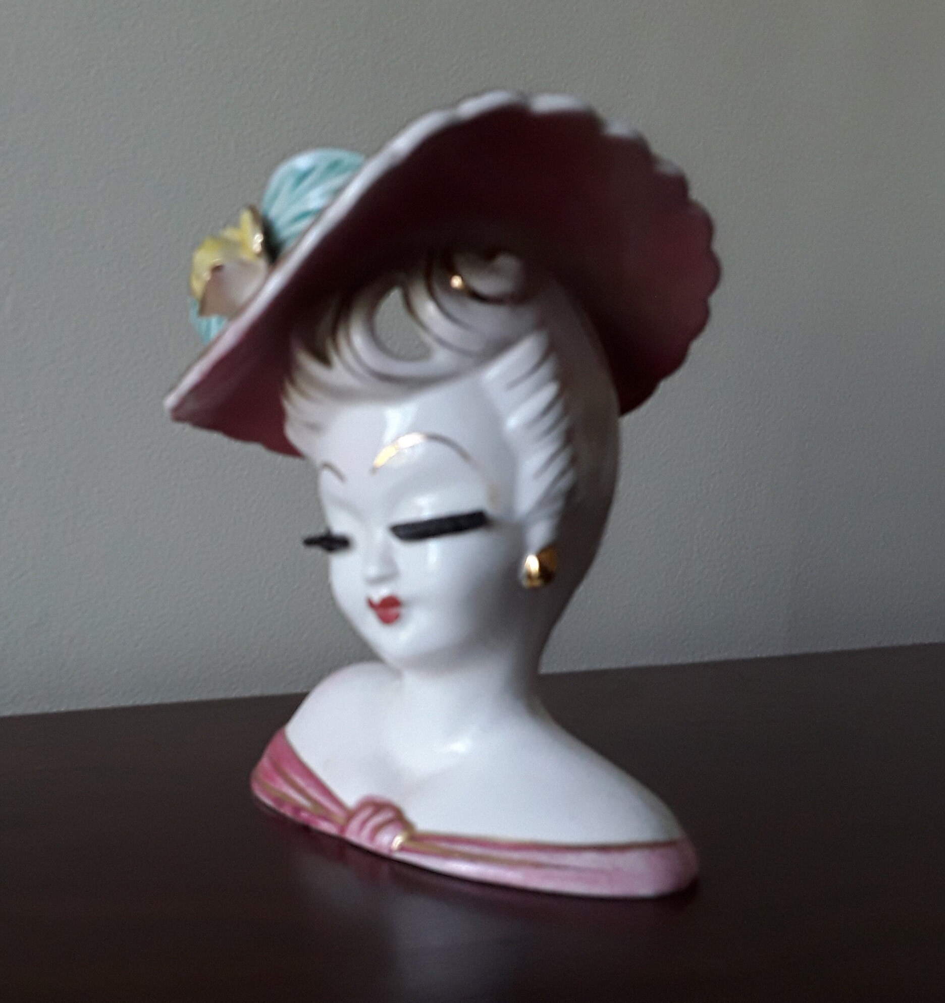Vintage Unmarked Lady Head Vase With Pink Hat and Dress 1940s Etsy