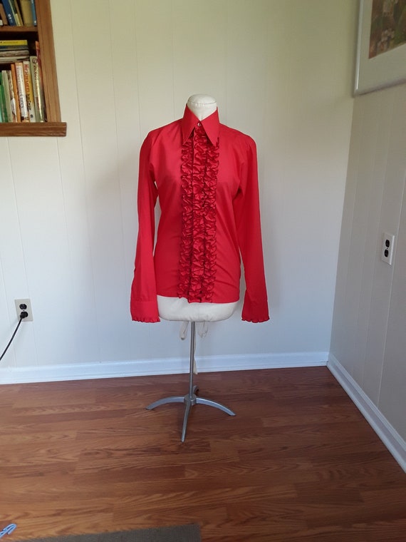 70s Men's Tux Shirt, Pointed Collar Red Ruffled Dr