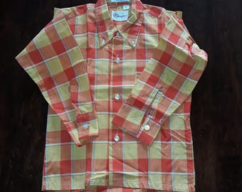 1970s Boys Plaid Shirt, Vintage Cotton Oxford Long Sleeve, Size 5