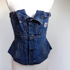 Denim Corset Top Made from Carhartt Jean Jacket, Lace Up Strapless Bustier, Over Bust Waist Trainer, Custom Designed Denim Strapless Top