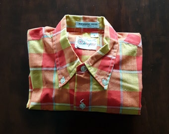 1970s Boys' Cotton Oxford Shirt, Vintage Yellow and Orange Plaid Long Sleeve Shirt Size 5