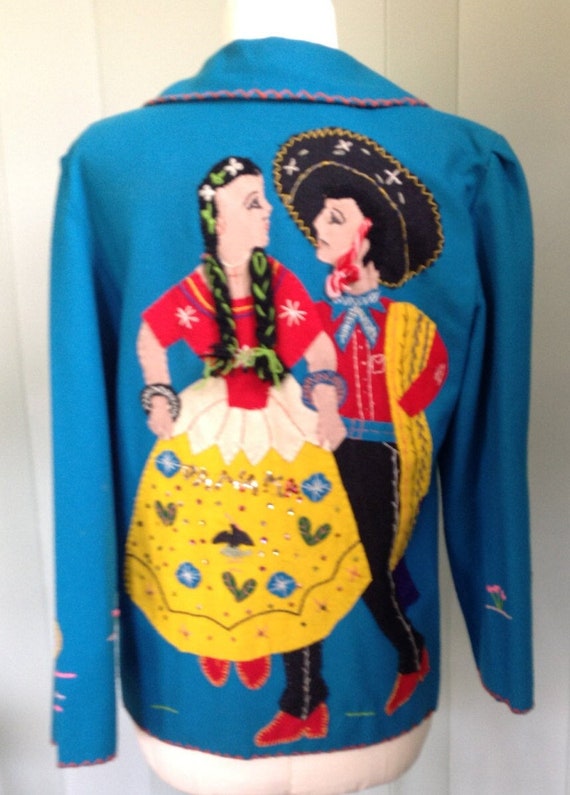 Vintage Mexican Wool Jacket, Turquoise Mid Centur… - image 1