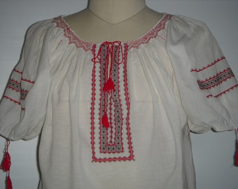 Hand Embroidered Ukrainian Blouse, Woman's Short Sleeve Vyshyvanka with Red and Black Design, Made in Ukraine, Gift for Her