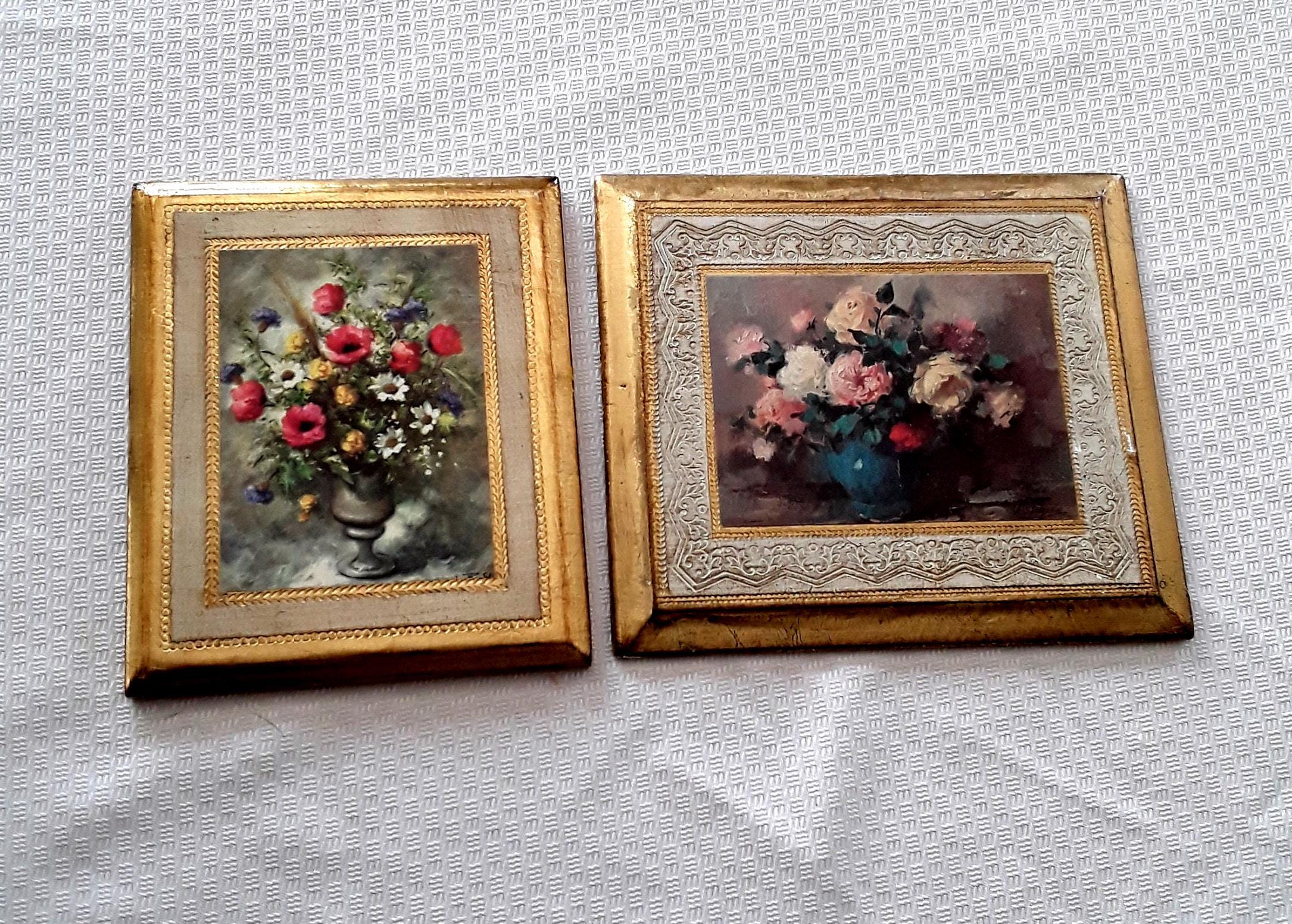 Vintage Florentine Floral Plaques, Gold Trim, Made in Italy, Set of 2 ...