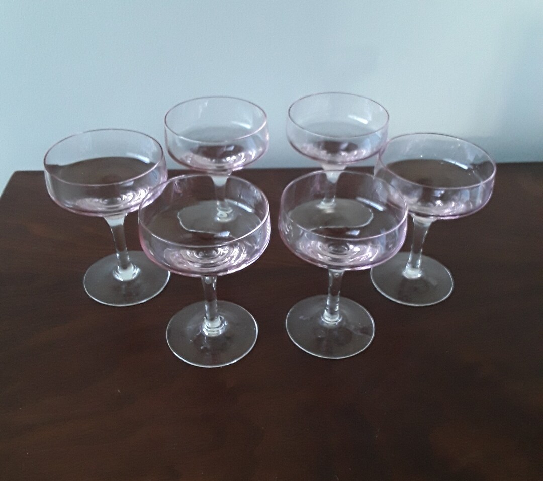 Pink Champagne Coupe Glasses Set of 6, Vintage Chrystal Stemware, Blush