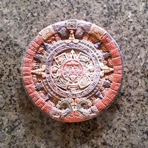 Small Mayan Calendar Wall Hanging, Clay Aztec Hanging Plaque, Nine Inch Round Mayan Artwork Aztec Gods