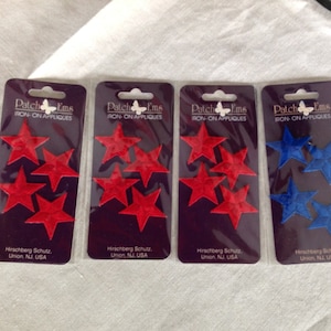 Vintage Iron On Star Appliques Lot of 4 Sealed Packages, Red and Blue Five Pointed Stars, Wearable Art