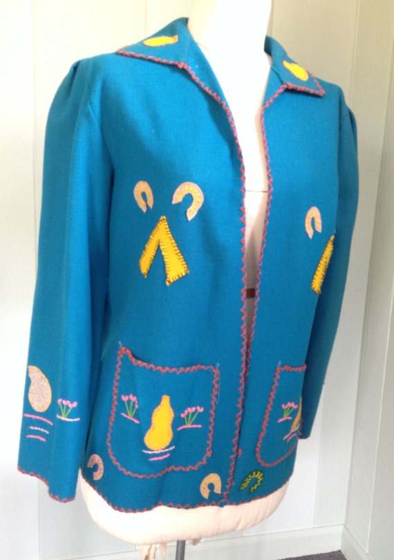 Vintage Mexican Wool Jacket, Turquoise Mid Centur… - image 2