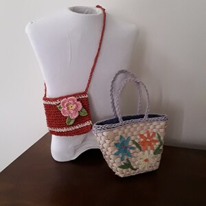 Monederos de paja vintage para niña, bandolera de crochet roja y asa superior con flores, lote de 2 monederos elegantes, monederos de Pascua, primavera y verano