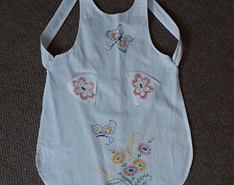 Vintage Child's Apron With Flowers & Butterfly Stamped Embroidery Print, Pinafore Linen Cross Back Apron No Ties, Retro Craft Apron