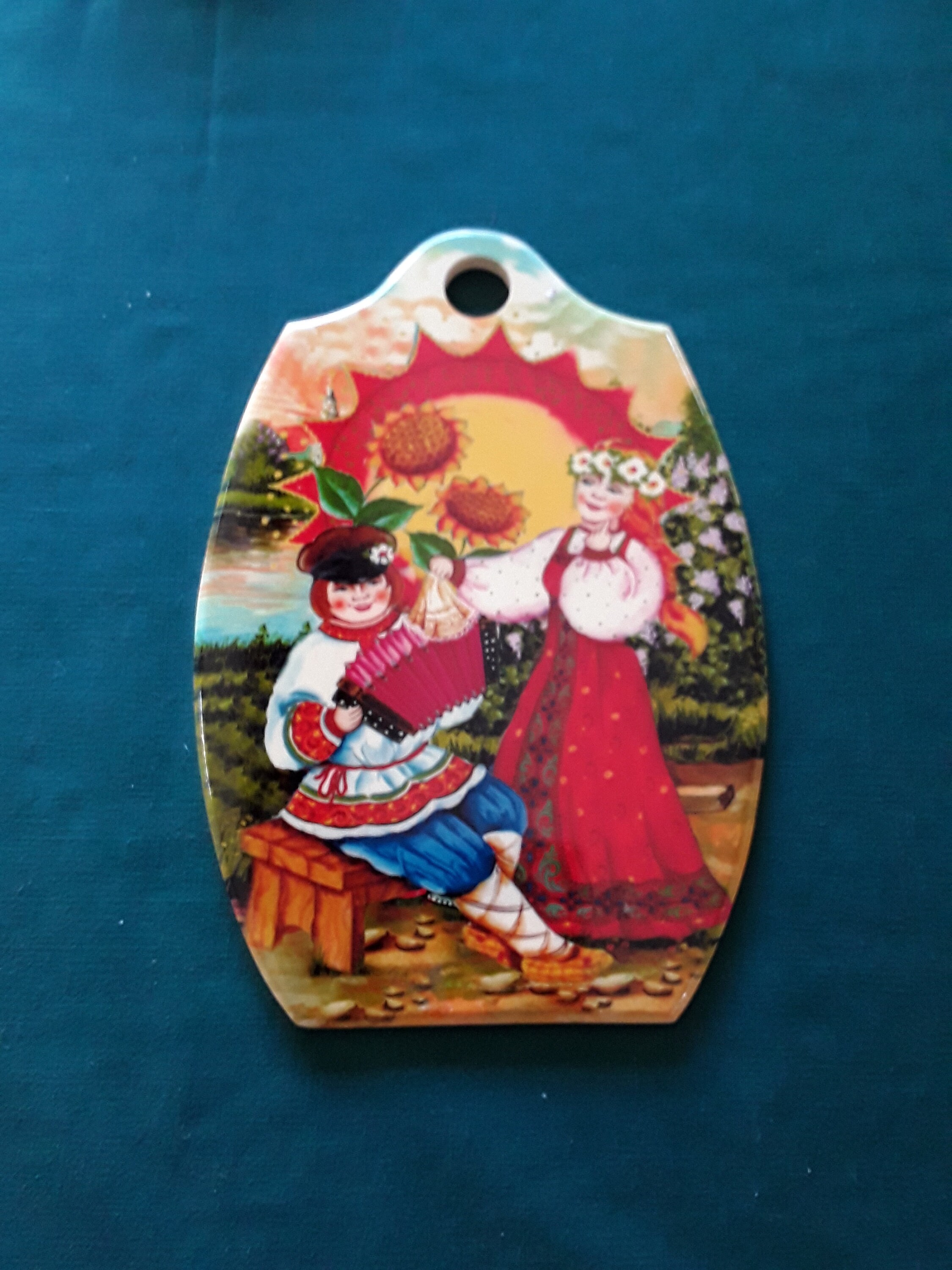 Decorative Hand Painted Wood Cutting Board, Soviet Era Eastern European Folk Art Kitchen Wall Decor, Man Playing Concertina, Kitchen Decor