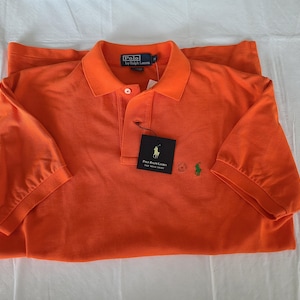 NWT Mens Polo by Ralph Lauren Short Sleeve 100% Cotton Orange Polo Shirt, Neon Orange Mesh Polo Size Medium