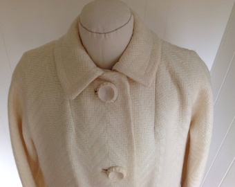 1960s Off-White Women's Coat, Lightweight Wool Coat, Fully Lined Dressy Overcoat, Winter White Size Medium, Made in USA