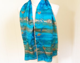 Vintage Vera Neumann Silk Scarf, Blue Gold Floral Print, Made in Japan