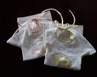 Girls' Cotton Baby Bib Set With Pink and Yellow Satin Bear Appliques, Two Long White Terry Cap Sleeve Bibs, Baby Shower Gift