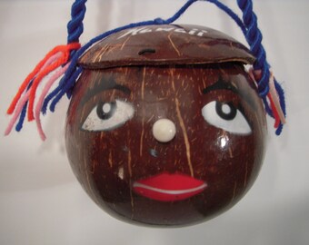 Vintage Hand-Painted Coconut Purse, Lined Shell, Hawaii Souvenir Tiki Decor