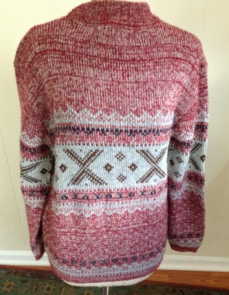 70s Crew Neck Sweater Burgandy and Gray Acrylic Pullover Retro Unisex Ski Sweater Size XL Vintage Men/'s Sweater