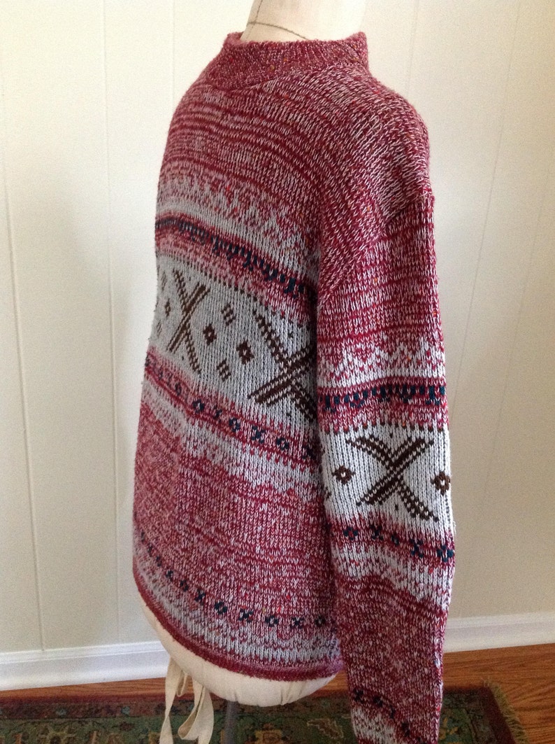 70s Crew Neck Sweater Burgandy and Gray Acrylic Pullover Retro Unisex Ski Sweater Size XL Vintage Men/'s Sweater