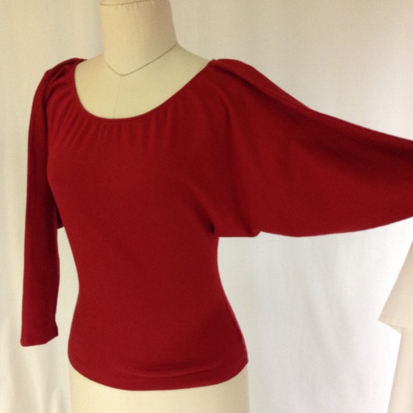 Vintage Norma Kamali Raglan Sleeve Top, 1980s Red Designer Shirt  with Round Neckline and Long Sleeves