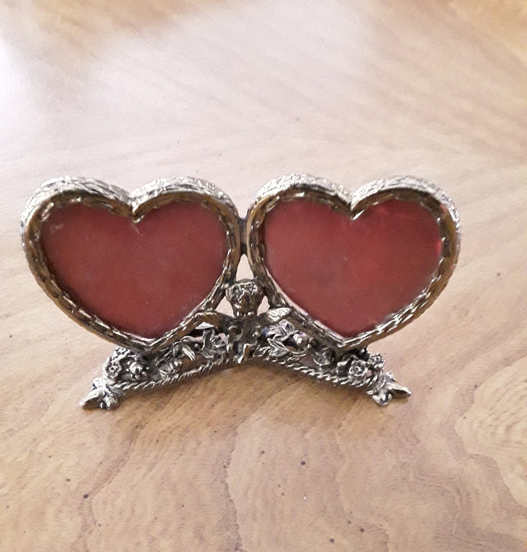 Double Heart Standing Brass Photo Frame With Angel, Two Hearts Mini Heart Frame, Couples Frame