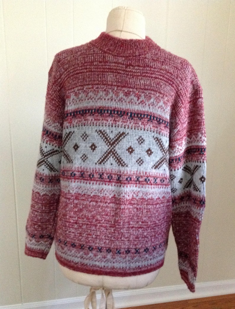 70s Crew Neck Sweater Burgandy and Gray Acrylic Pullover Retro Unisex Ski Sweater Size XL Vintage Men/'s Sweater