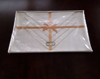 Vintage Belgian Linen Placemats & Napkin Set, 8 Piece Off White Linen with Gold Trim, Formal Table