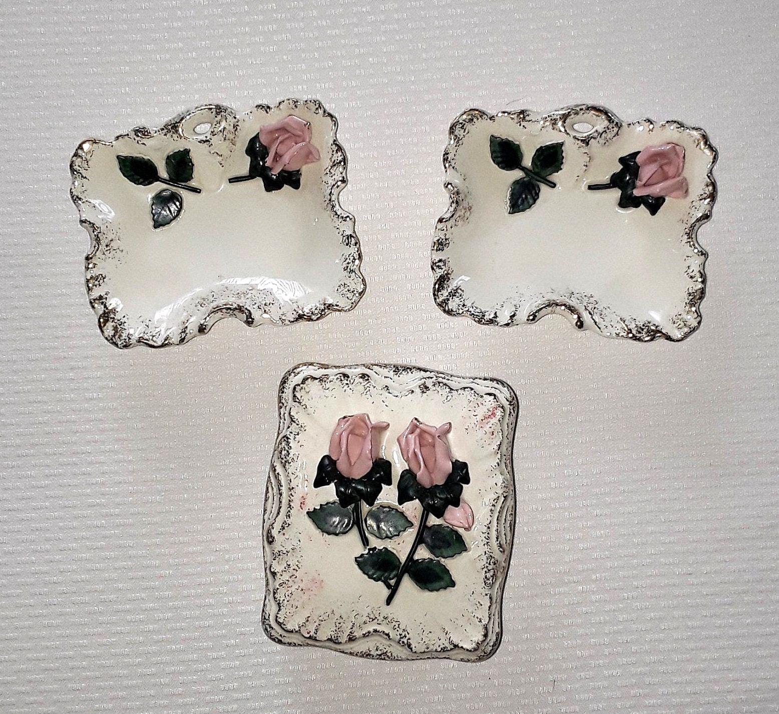 Vintage Lefton Japan 3 Piece Trinket Box and Matching Dish Set