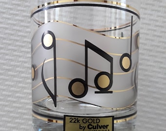 Culver 22K Gold Music Tumblers in Original Box, Vintage Barware, 4 Boxed Lowball/Rock Black and Gold Music Notes Made in USA
