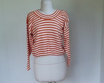 1980s Women's Cropped Sweater, Striped Orange and White Long Sleeve Cotton Pullover, Round Neckline Drop Shoulder Oversized