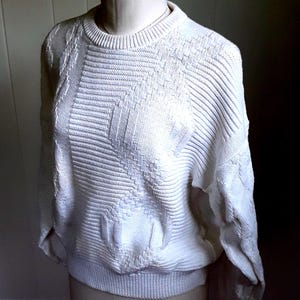 Mens White Cotton Pullover Sweater, 1980s Drop Sleeve Over-Sized Crewneck, Boy Friend Sweater Size L  Made in Italy