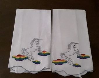 Set of 2 Unicorn Tea Towels, Embroidered Rainbows and Unicorns, Fingertip Towels, Unicorn Décor