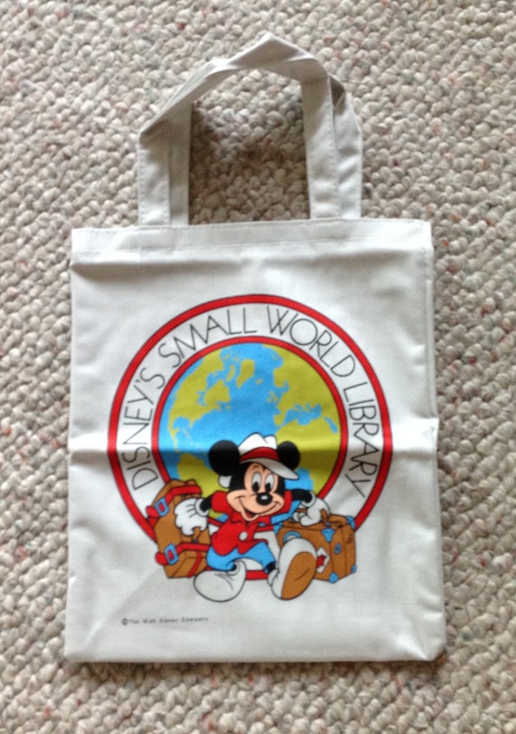 Vintage Kids Disney Tote Bag, Mickey Mouse Book Bag, Deadstock Disney Small World Library Canvas Book Tote