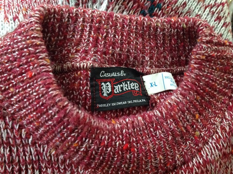 70s Crew Neck Sweater Burgandy and Gray Acrylic Pullover Retro Unisex Ski Sweater Size XL Vintage Men/'s Sweater