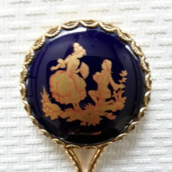 Signed Limoges Castel Hand Mirror, Round Pocket Mirror, Cobalt Blue and 22K Gold Courting Couple, Limoges France, Gift for Her