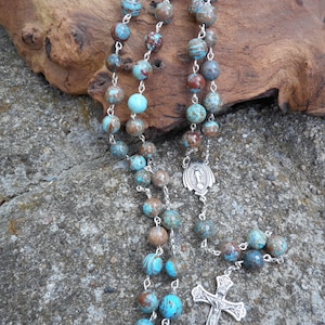 Sterling Silver Blue Flower Fire Agate Rosary - handmade -Free US Shipping