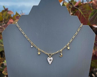 Sweet Gold Multi Charm Heart Necklace with Saturn Moon Star and Opal Charms by Pisces Island