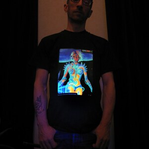 Biomechanoid UV Black Light Fluorescent & Glow In The Dark Phosphorescent Psychedelic Psy Goa Trance Art Club Mens T-shirt image 3