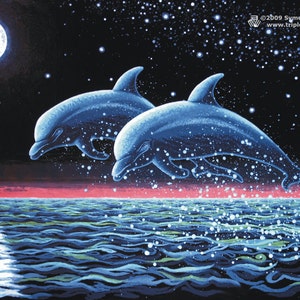 Deux dauphins UV Black Light Fluorescent & Glow In The Dark Phosphorescent Psychédélique Psy Goa Trance Art Carte postale