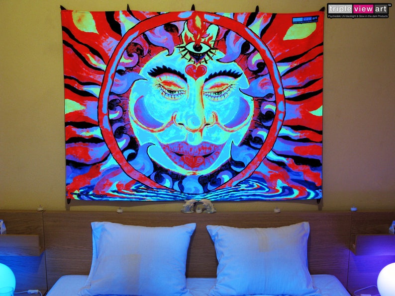 Chillin' Sun UV Black Light Fluorescent Glow Psychedelic Psy Goa Trance Art Backdrop Wall Hanging Home Club Party Festival Deco 3rd Eye Fire image 3