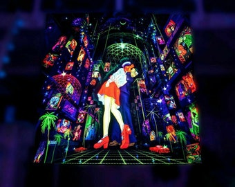 王 Kiss On The Rave UV Black Light Fluorescent Glow Psychedelic Art Backdrop Banner Wall Hanging Tapestry Goa Trance Club Party Festival Deco