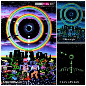Eclipse Over Stonehenge UV Black Light Fluorescent & Glow In The Dark Phosphorescent Psychedelic Psy Goa Trance Art Small Poster