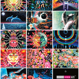 Set of 14 UV Black Light Fluorescent & Glow In The Dark Phosphorescent Psychedelic Psy Goa Trance Art Postcards