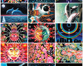 Set of 14 UV Black Light Fluorescent & Glow In The Dark Phosphorescent Psychedelic Psy Goa Trance Art Postcards