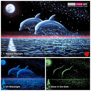 Two Dolphins UV Black Light Fluorescent & Glow In The Dark Phosphorescent Psychedelic Psy Goa Trance Art Poster image 1