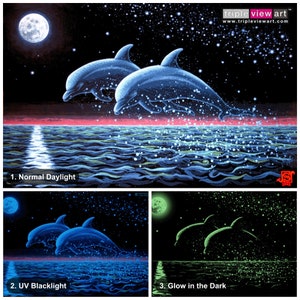 Two Dolphins UV Black Light Fluorescent & Glow In The Dark Phosphorescent Psychedelic Psy Goa Trance Art Poster
